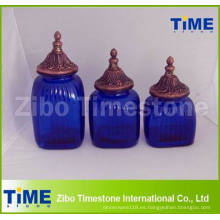 Botes de almacenamiento de vidrio azul decorativo con tapa de jarra finial